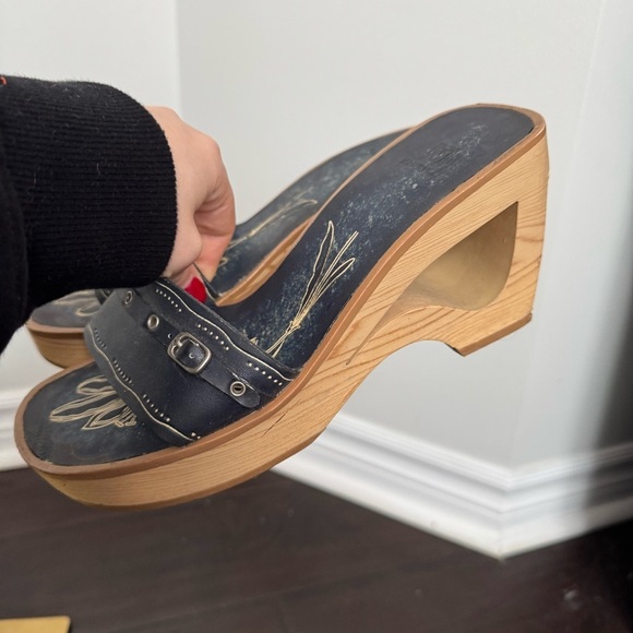 Vintage Y2K Navy Slide Sandals wooden heel wedge 8 Fairycore tropical summer - Picture 6 of 7